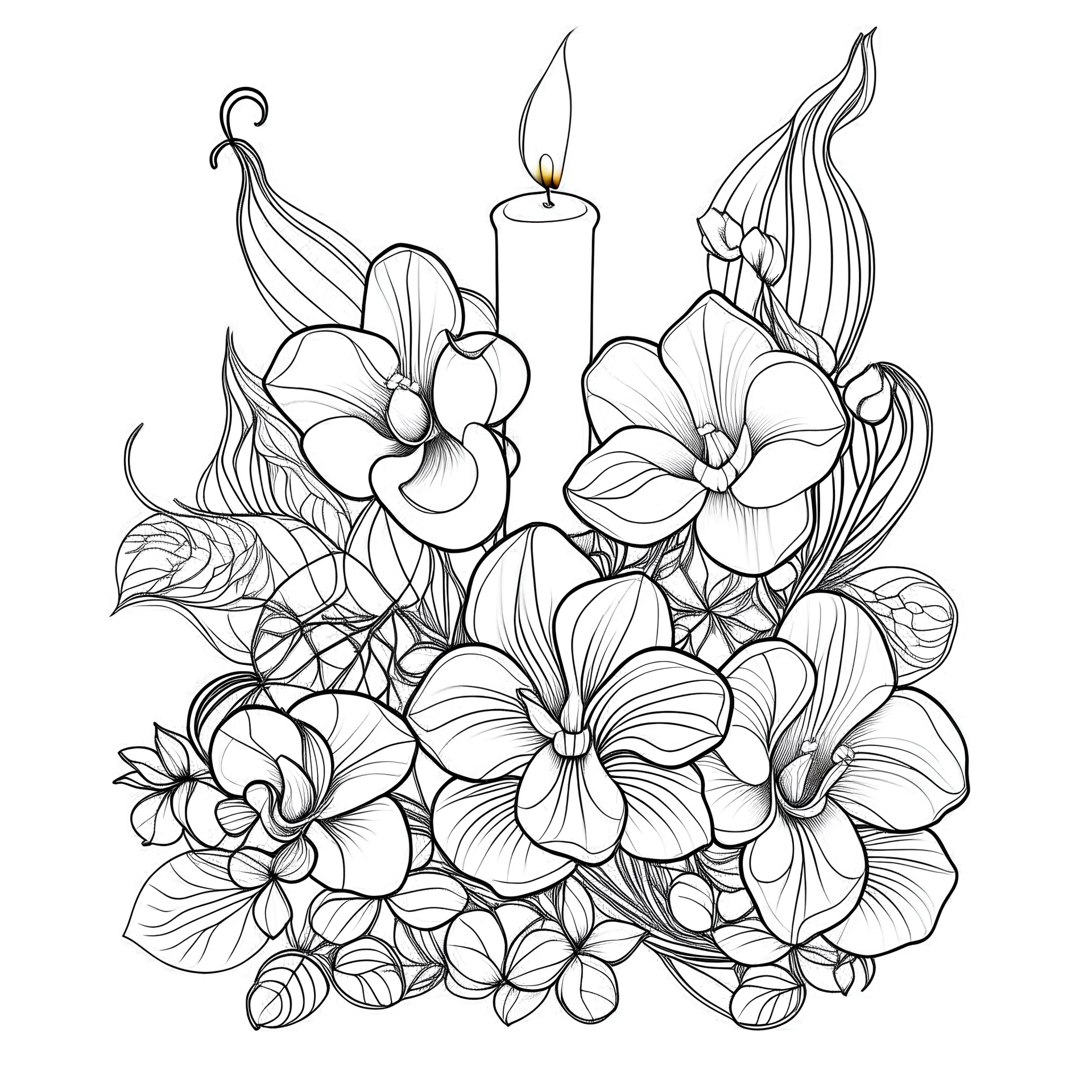 outline art for visually rich appealing heart shape orchids plumeria rounded stones candles, ikebana style, coloring page for kids, white background, fit to page, only use outline, clean line art, no shadows, clear and well outlined