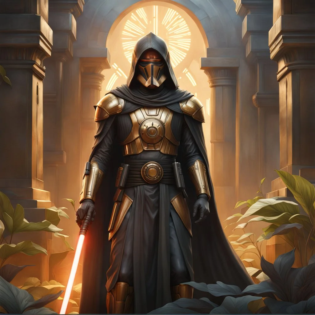 star wars bald male corellian pilot wearing pearlescent black and gunmetal grey First Order special forces heavy assault armor and helmet with gold trim inside the jedi temple, centered portrait, hyperdetailed, dynamic lighting, hyperdetailed background, 8k resolution, volumetric lighting, light skin, fully symmetric details