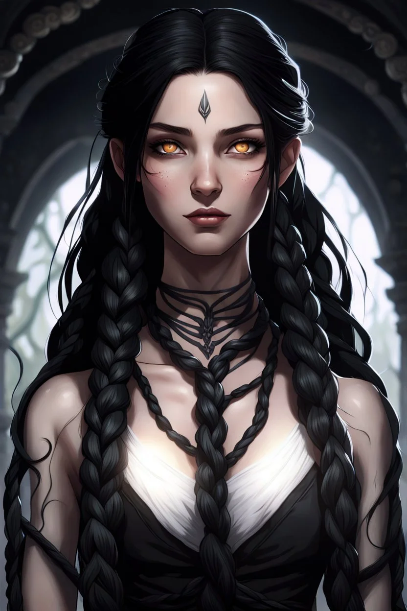 Young beautiful female Hexblood character . Bright glowing pale eyes. Long, thick, silky jet-black hair reaching her waist, with a center part and two loose Dutch braids starting at her temples, flowing into the rest of her straight hair. A few soft strands frame her face. Thin dark vine-like markings spread across neck and collarbone as a sign of an ancient curse. Dark fantasy, realistic, cinematic, highly detailed.