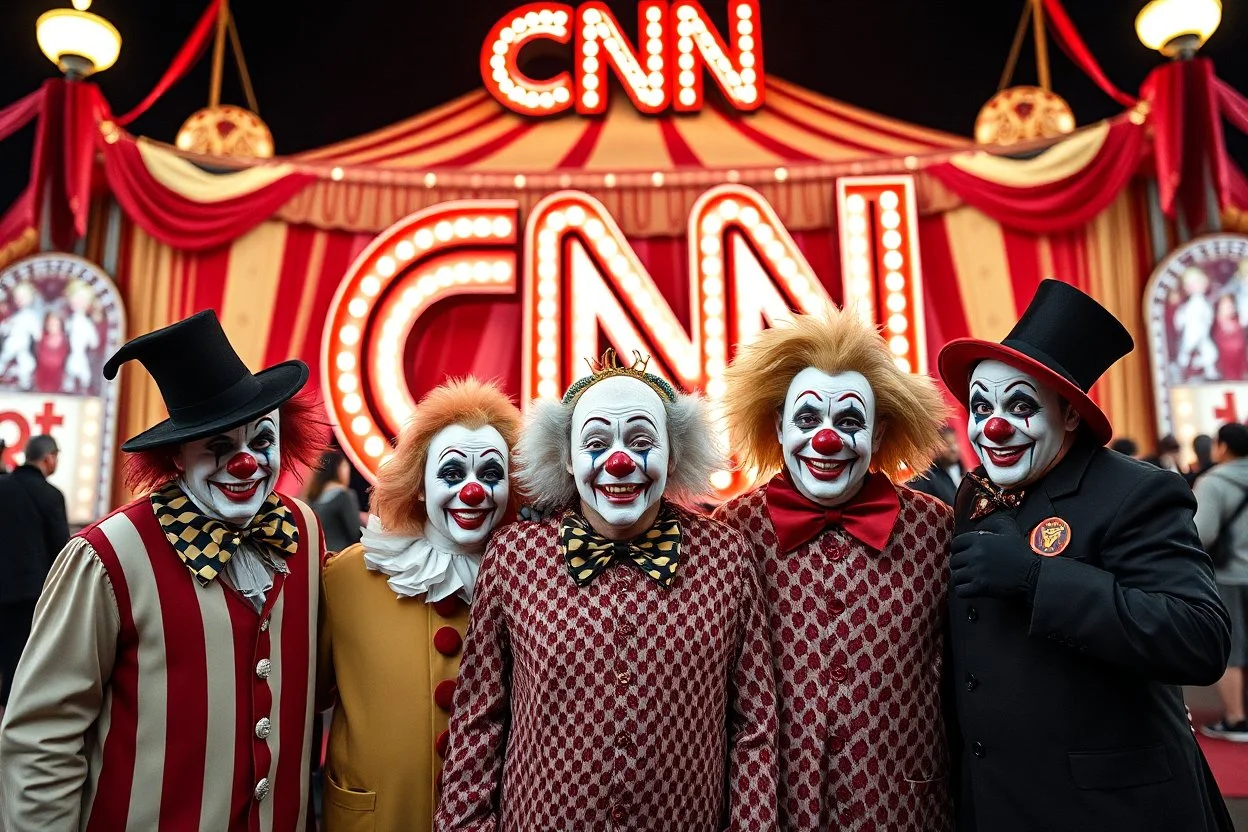 a group of clowns in front of the circus with a CNN logo