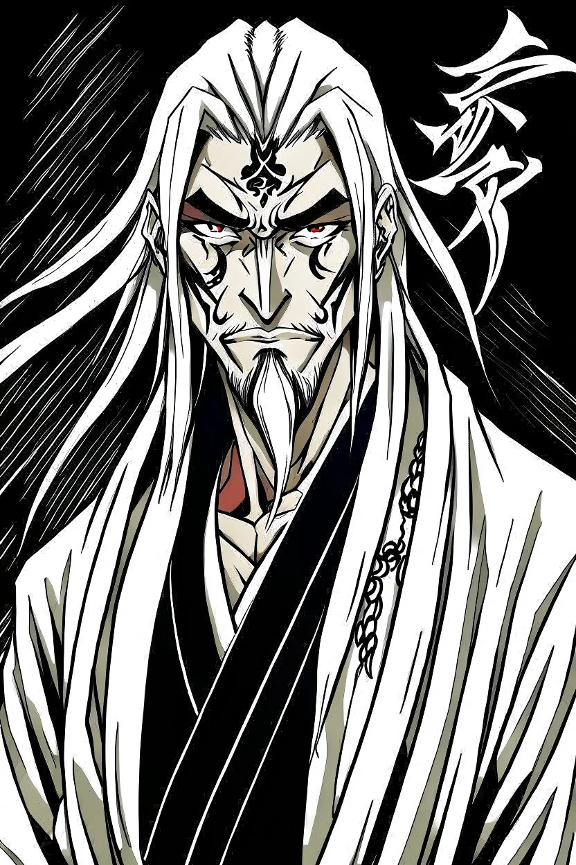 A manga-style portrait of a 35-years old male Shinigami from Bleach, tall and muscular, with wild silver-gray hair, steel-colored eyes, and a scar across his left brow and cheek. He wears a tattered captain's haori of the 11th Division, open kimono revealing a dragon claw tattoo on his chest, and metallic claws on his forearms. He smirks defiantly, standing in a dynamic pose with silver reiatsu swirling around him.