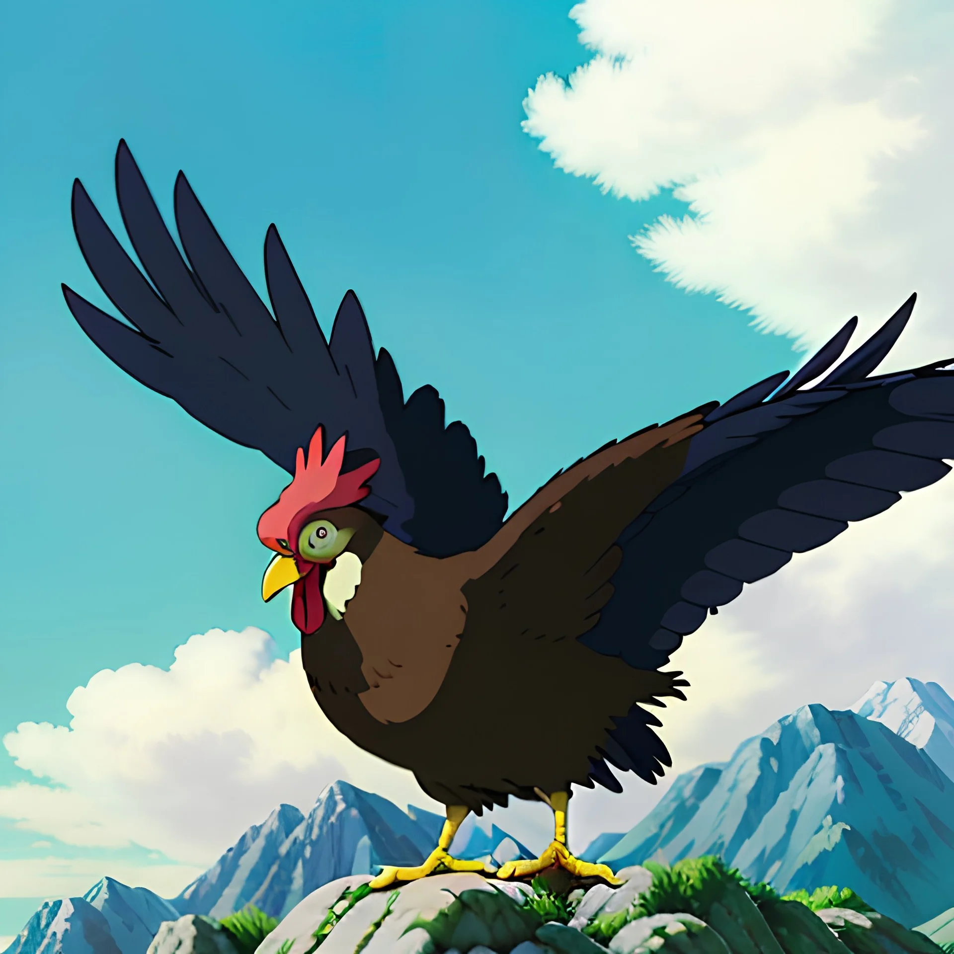 cartoon rooster speaking loudly with its head raised and its neck stretched to the sky