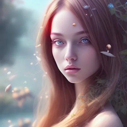 Insanely portrait of beautiful girl, beautiful face, sunny, relaxing, sea, trees, real details, hyper photo realistic, anime style, glowing forest, 8k