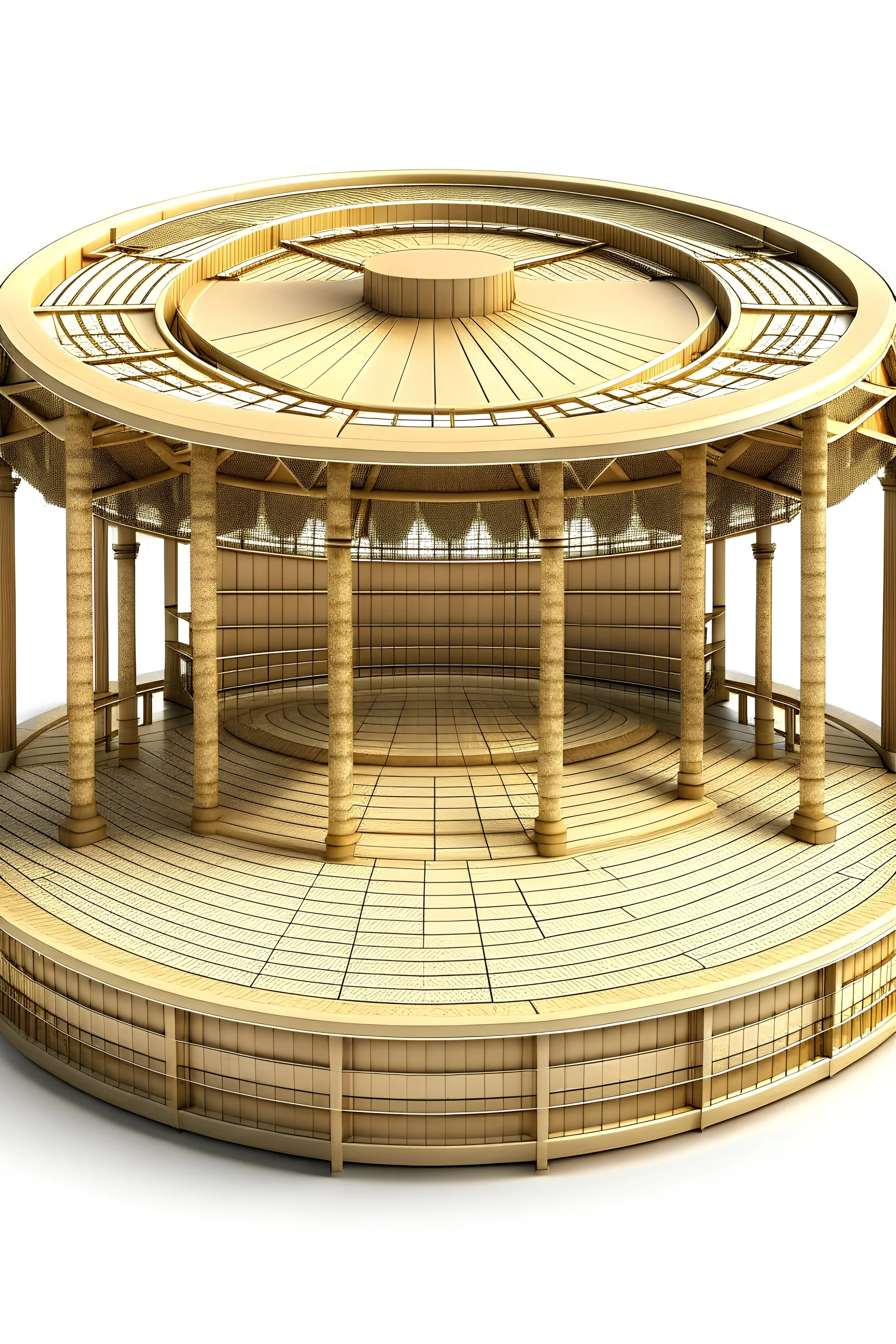 a 3D circular pavilion built with wood and well decorated interior for events .showing its measurements according to a report