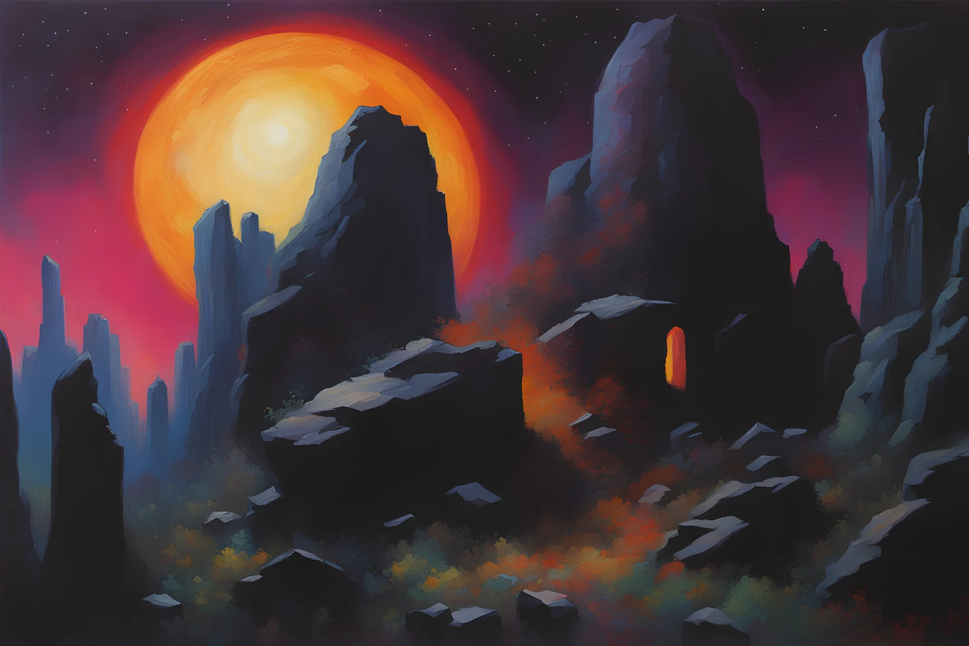 Night, mountains, rocks, fantasy, 90's sci-fi movies influence, rodolphe wytsman and friedrich eckenfelder impressionism paintings