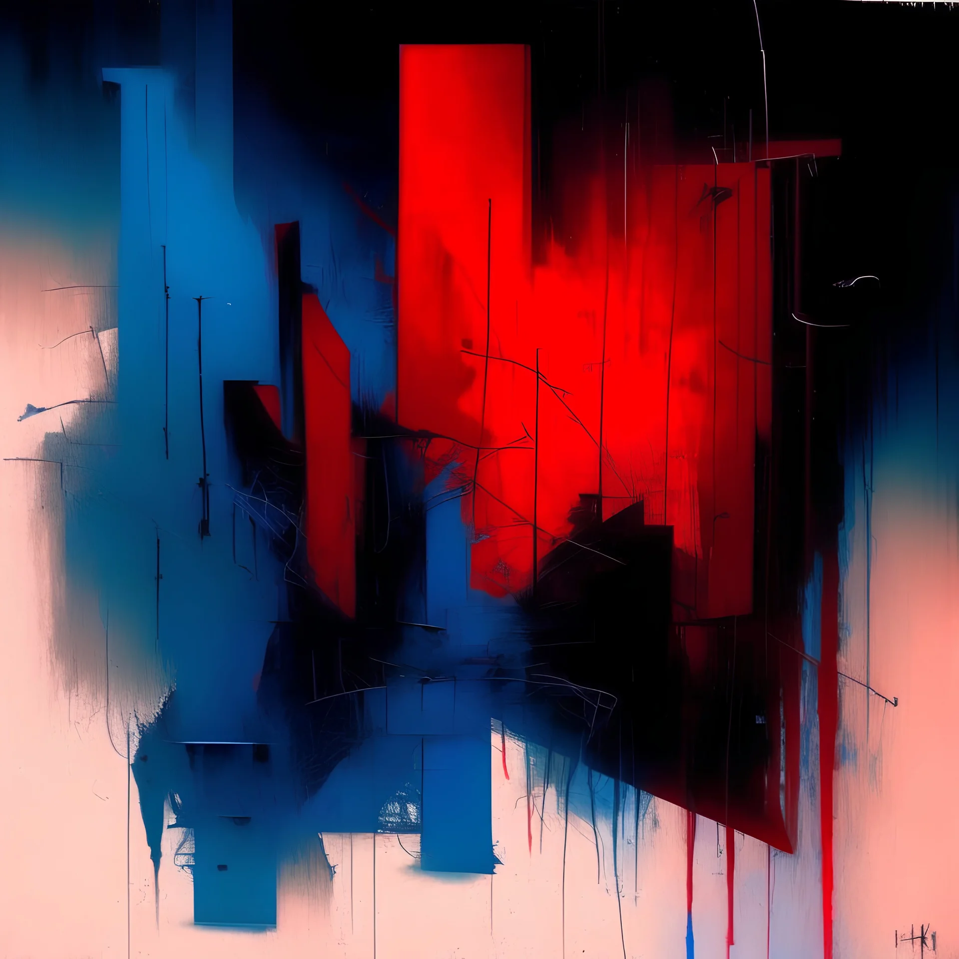 Minimal abstract oil painting of bright red and blue. with random words. Brutalist fragments Line sketches. illuminated at night. In the style of Justin Mortimer and Phil Hale and Ashley Wood