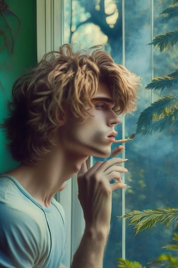 beautiful boy with pretty hair in age 25 his gay and smoking behind window while looking outdoor trees. His boyfriend try to kiss him