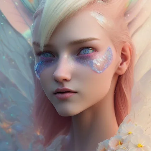 cheerful fairy, big smile, pink, blonde hair, beautiful, whole face, whole top hair head, wide open blue eyes, transparent wings onn the back, hyperrealism, masterpiece, expert, cinematic lighting, sharp focus, 8K, pastel, macro lens, woman, detailed, flower