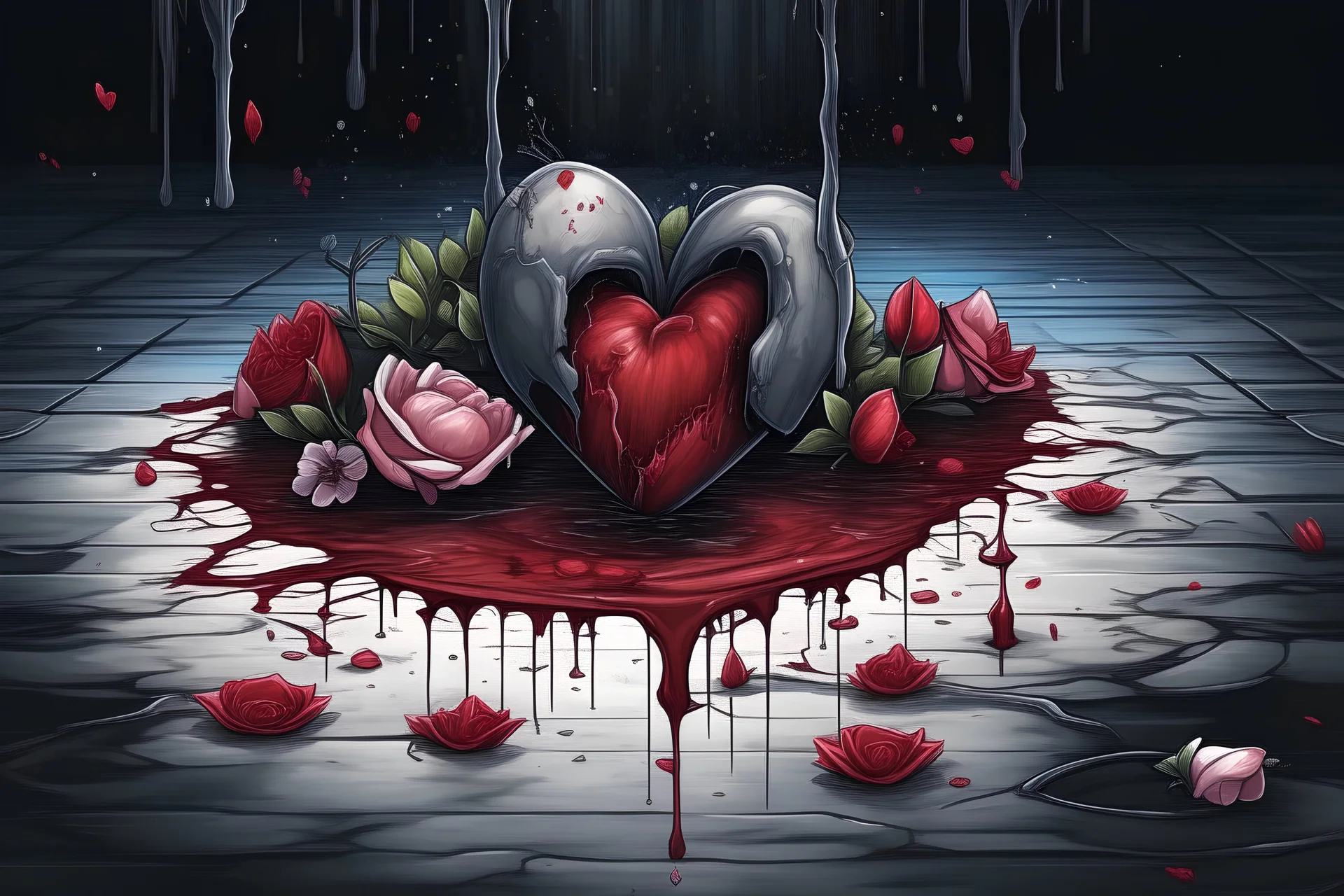 a human heart with flowers stabbing into it with blood dripping on to the floor with peddles falling into a puddle