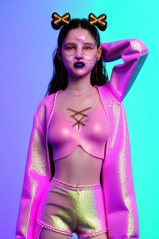 Ultra Realistic image, Rosalía artist, portrait, normal complexion, portrait, two bows with chopsticks hair , black eye long line, sweet face, t-shirt with holes, inflatable open coat, gold pink and blue style, spray glow make up, big geometric led jewelry, fog, hot, inflatable style latex coat, vibrant color, highly detailed, art stations, concept art, smooth, unreal engine 5, god rays, ray tracing, RTX, lumen lighting, ultra detail, volumetric lighting, 3d, finely drawn, high definitio