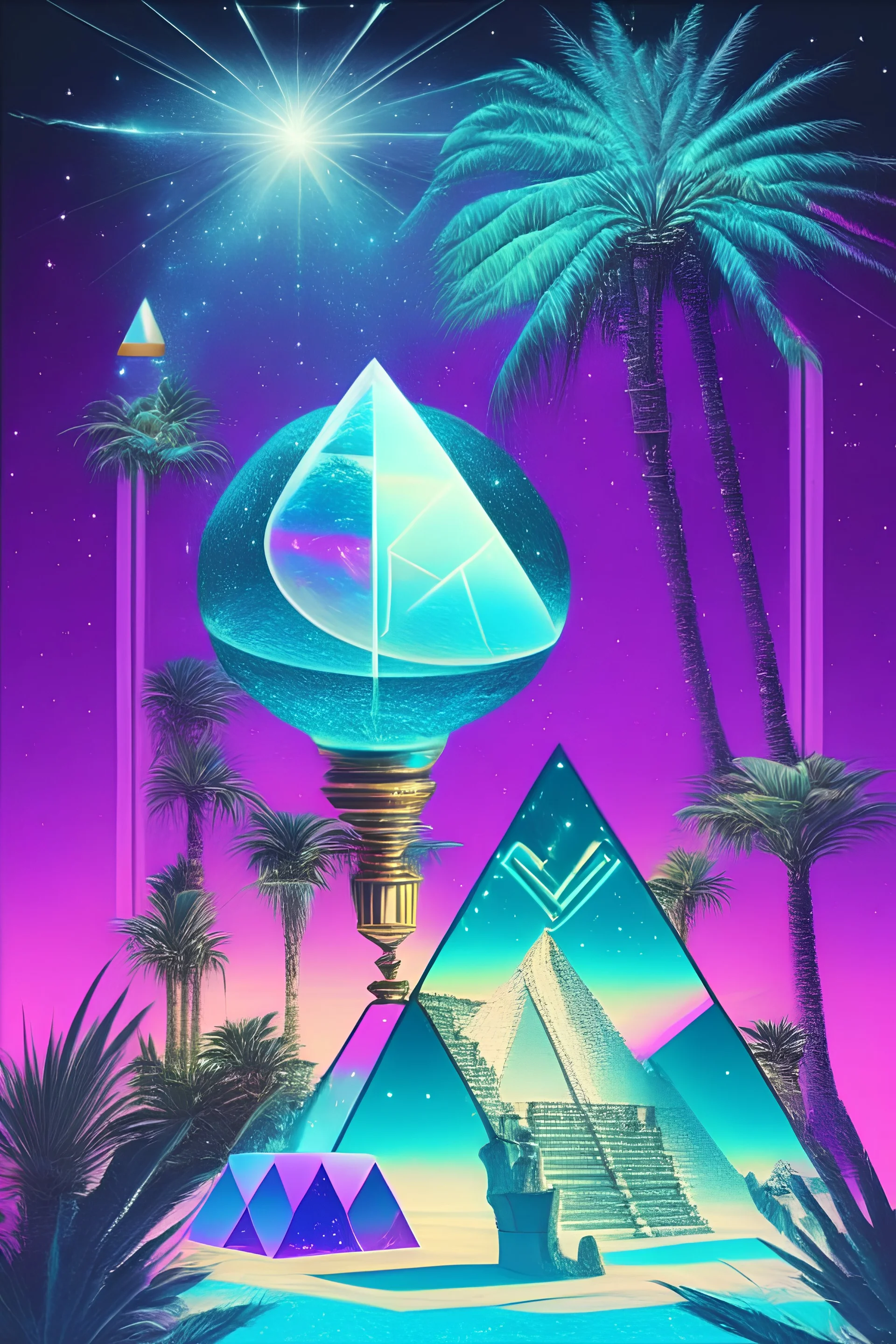 vaporwave, tarot card, palm trees, crystal ball, pyramid, galaxy, horus