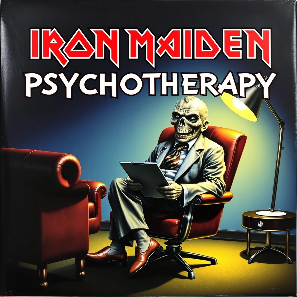 heavy metal albumn cover for "IRON MAIDEN" titles "PSYCHOTHERAPY" based specifically on artist Derek Riggs design and style. Album cover features name of band in iconic Iron Maiden font and is of Iron Maiden's leering rictus faced mascot Eddie who is dressed as a psychologist sitting cross-legged in a leather chair next to a therapist's couch holding a clipboard.