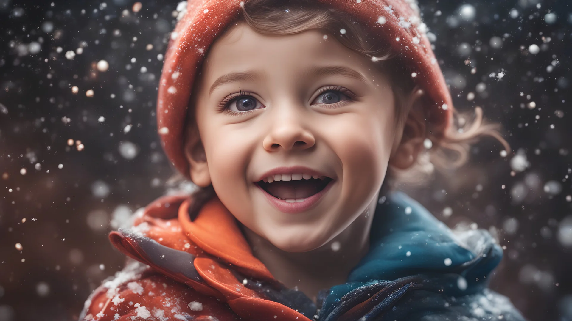 Magical Fantastic young happy child facing camera, Liquid Structure, Flying snowflakes, Splash, Portrait Photography, Fantasy Background, Intricate Patterns, Ultra Detailed, Luminous, Radiance, Joy, Exuberance, Fun, energy, excitement, Ultra Realism, Complex Details, Intricate Details, 16k, HDR, High Quality, Trending On Artstation, Sharp Focus, Studio Photo, Intricate Details, Highly Detailed