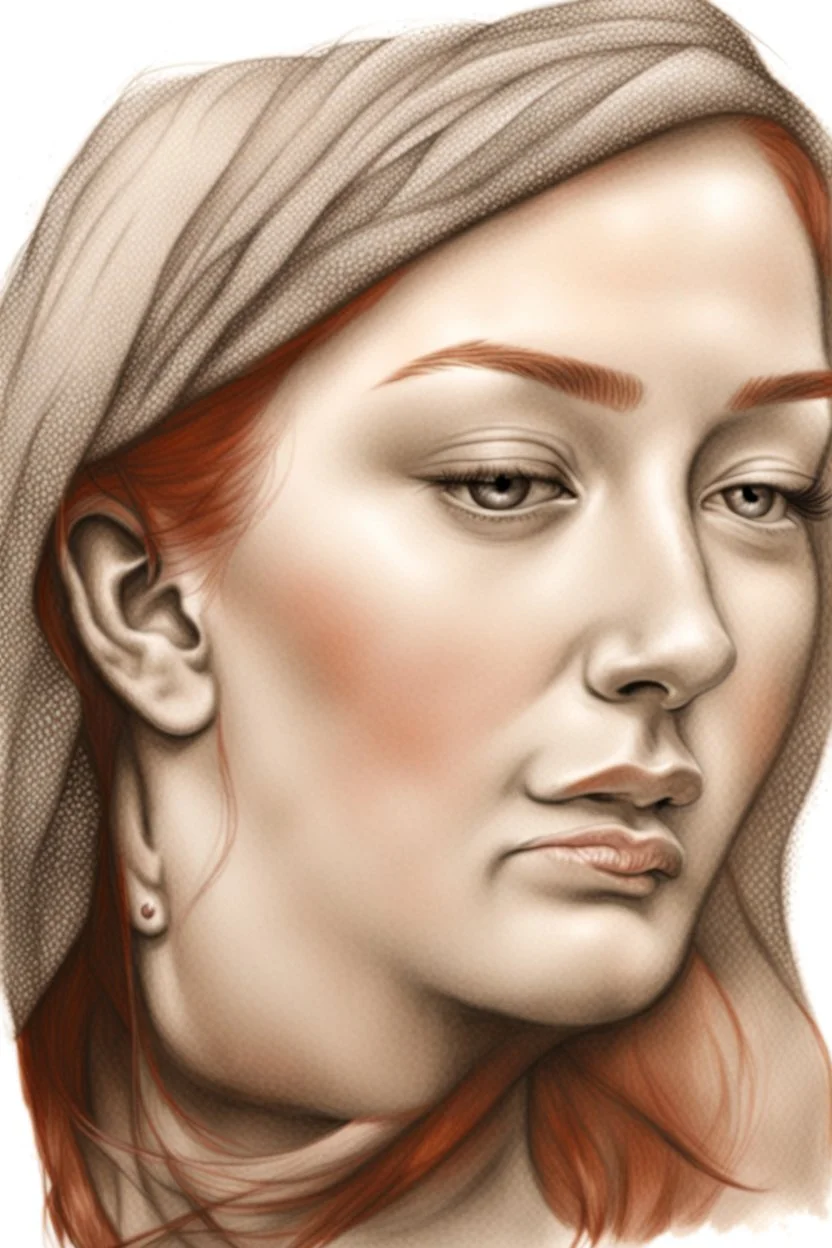 dibujo en grafito realista de rostro mujer 35 años nariz prominente aguileña gordita pelo rojo suelto ojos cerrados de frente plano picado rasgos definidos boca cerrada