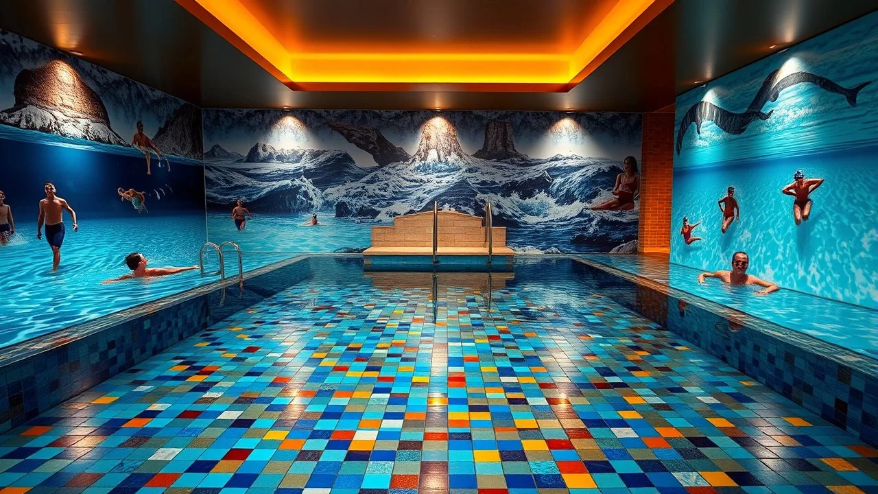 Superb pictorial multicoloured mosaic floor, walls with pictures of bathers and swimmers, swimming pool, water feature, relaxation, luxury, dream world, calm beauty, symmetry, fantasy world, magic, beautiful composition, exquisite detail, 135mm lens, adjust perspective, chiaroscuro, dynamic lighting