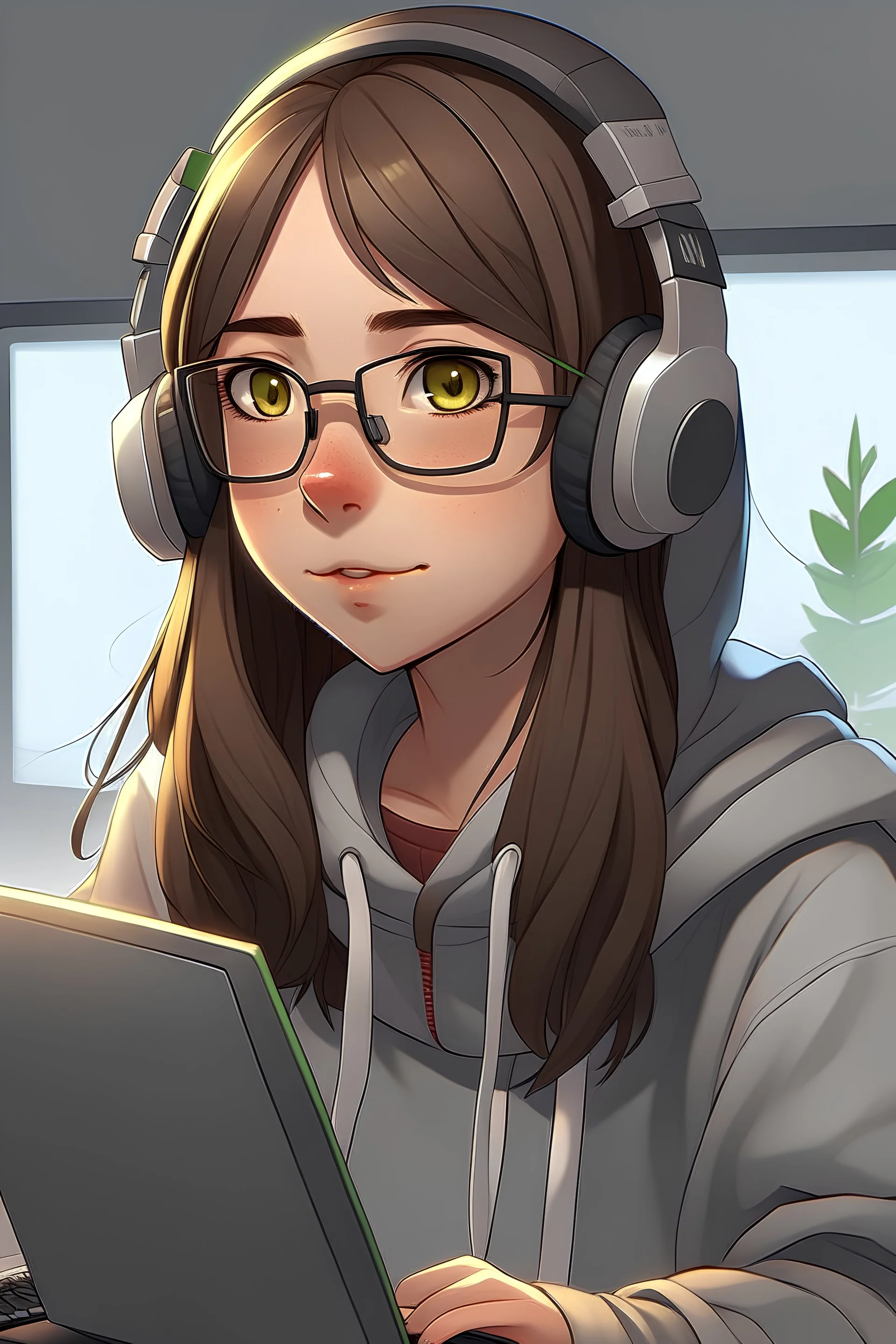 generate a 14 year old girl with brown wolfcut hair, big overzied grey hoodie who is gaming at her pc. she has clear framed glasses and a white headset