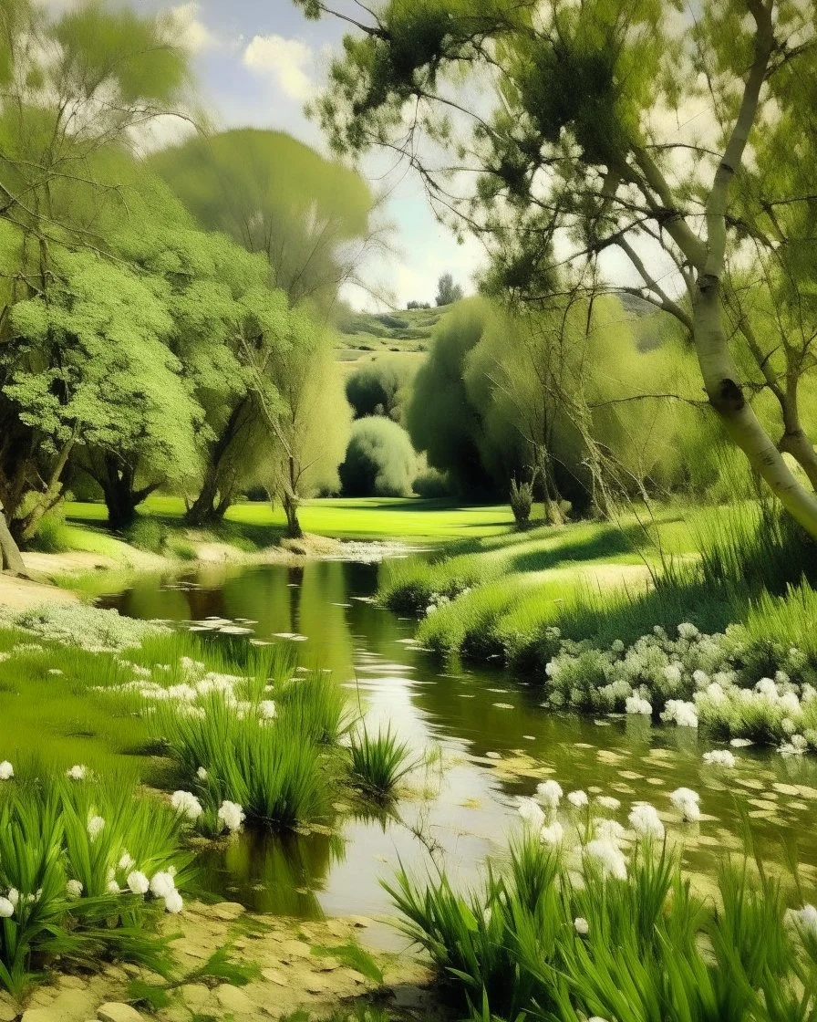 Olive green wetlands with garlic shaped trees painted by John Singer Sargent