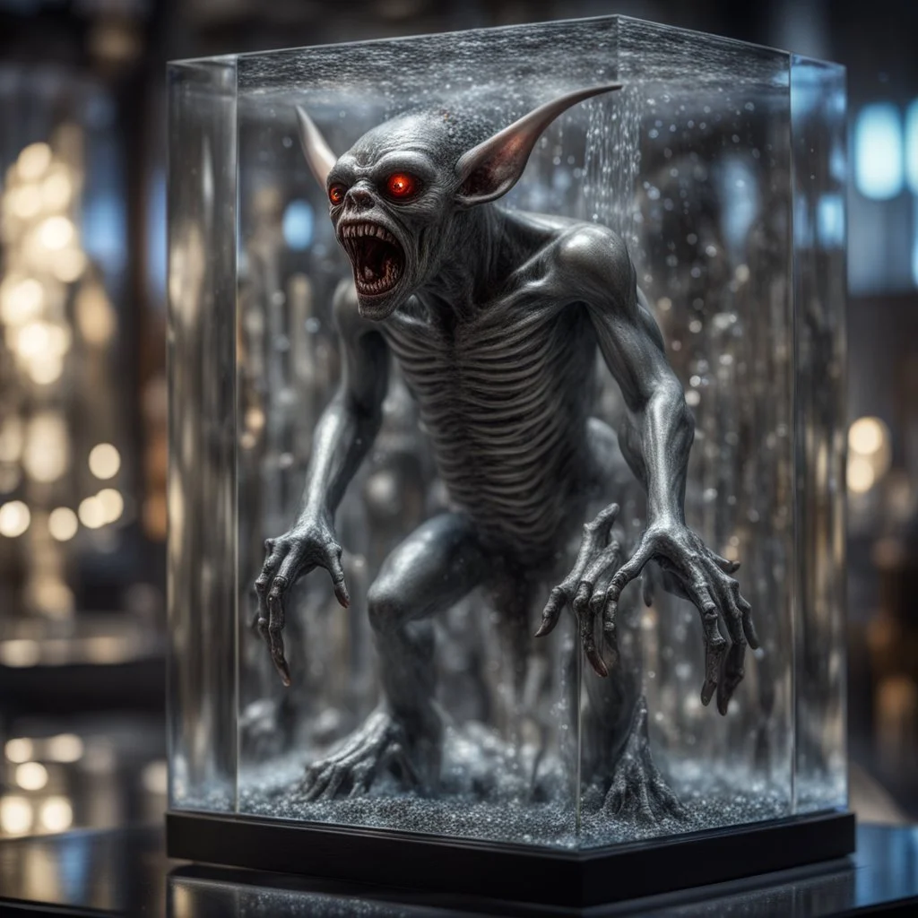 giger escher vampire ogre araknid sculpture in transparent murano glass beeing sprinkled by fountain inside glass box,bokeh like f/0.8, tilt-shift lens 8k, high detail, smooth render, down-light, unreal engine,bokeh like f/0.8, tilt-shift lens 8k, high detail, smooth render, down-light, unreal engine