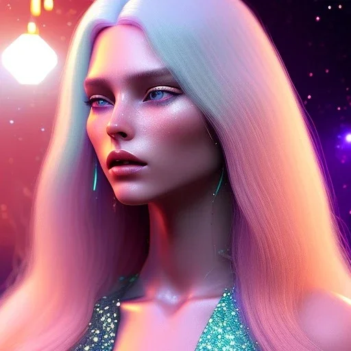 white woman glitter long blond hair blue eyes in a galactic ambiance, delicate colors in the foreground, full of details, smooth, light effect，vaporwave colorful, smooth, extremely sharp detail, finely tuned detail, ultra high definition, 8 k, unreal engine 5, ultra sharp focus