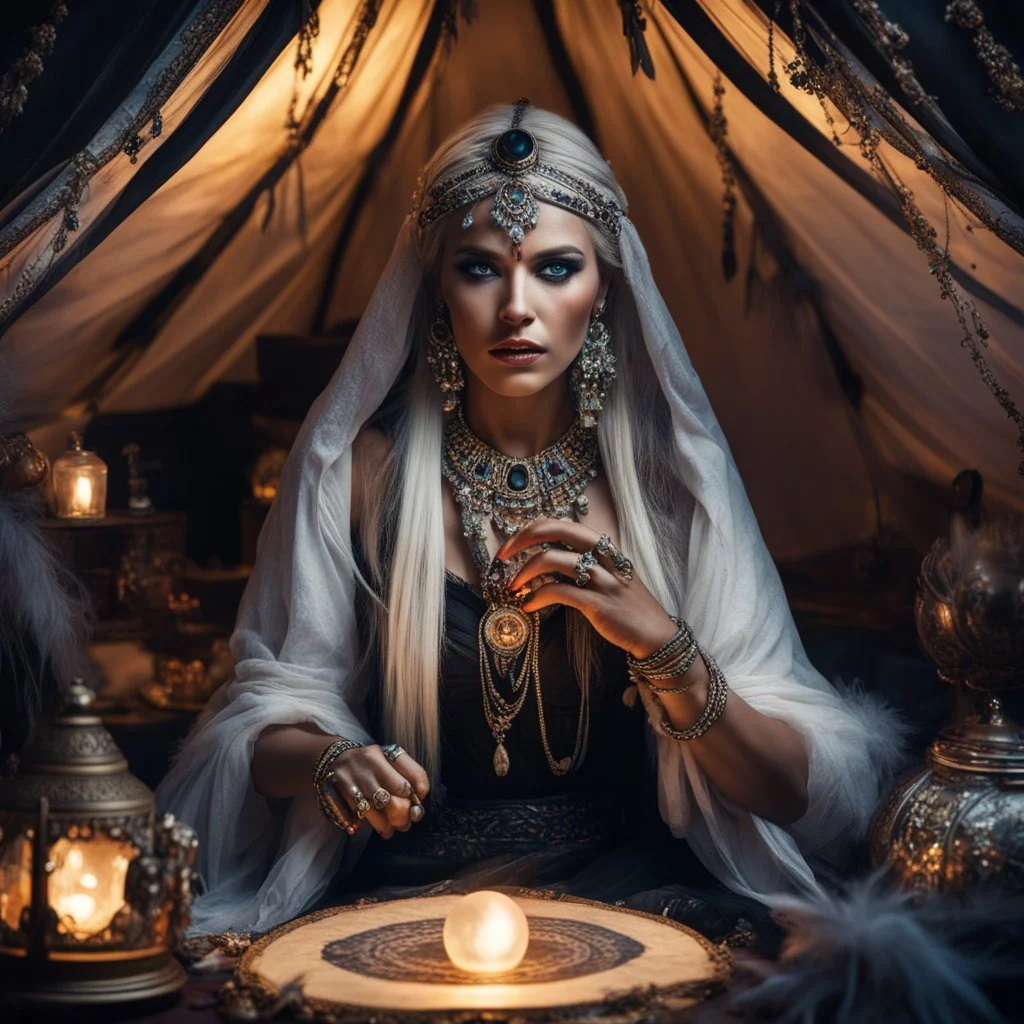 Hyper Realistic photographic-view of Wicked Fortune-teller wearing black-beed-necklace-&-bracelet angrily Looking at her crystal-ball glowing magically & sitting in her tent decorated with fancy-traditional-ornaments-&-feathers showing dramatic & cinematic ambiance"