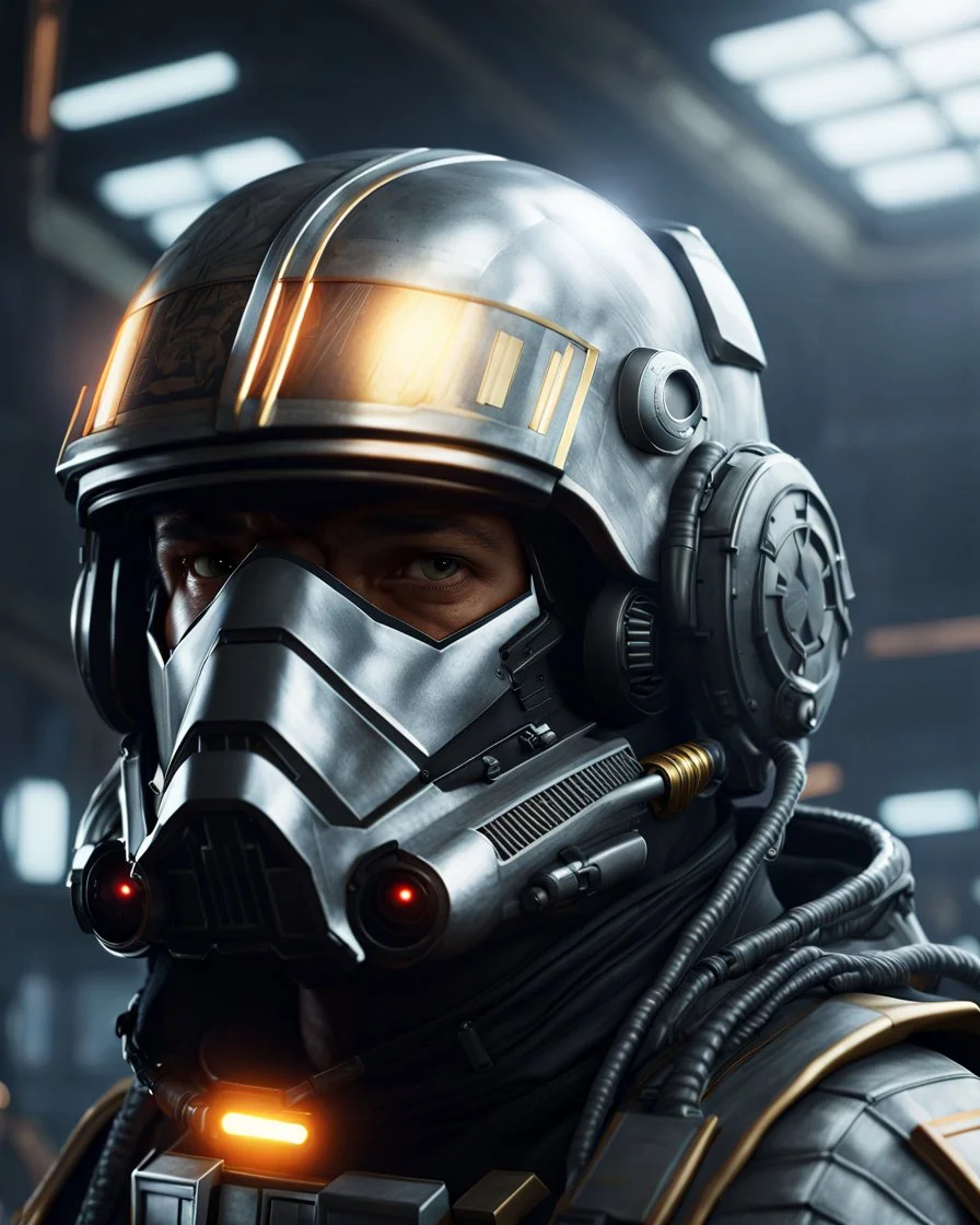 star wars bald male corellian pilot wearing dark gunmetal grey and black First Order special forces TIE pilot armored flightsuit and helmet with gold trim inside the jedi temple, centered head and shoulders portrait, hyperdetailed, dynamic lighting, hyperdetailed background, 8k resolution, volumetric lighting, light skin, fully symmetric details