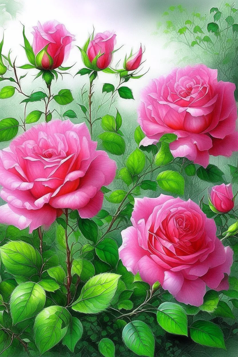 Watercolor, a bush of bright pink tea roses strewn with flowers, ultra-detailed, morning, rain, greenery, beautiful landscape, fog, many details, delicate sensuality, realistic, high quality, 3d, work of art, filigree, misty haze background, professional, transparent, delicate pastel tones, back lighting, contrast, fantastic, unreal, translucent, glowing, clear lines, epic fabulous, fabulous landscape, hyperrealism