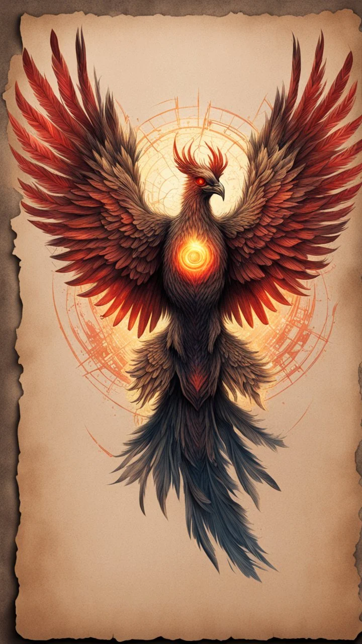 Hyper Realistic colored-sketch of Cyberpunk-Phoenix with glowing red eyes & golden-wings-&-feathers on a vintage-old-paper