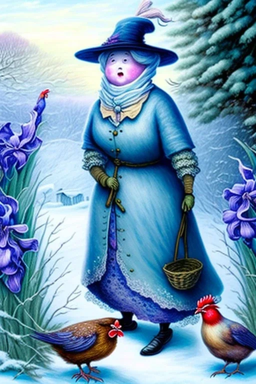 Friendly witch, playing with hens, perfect iris, pastel colours, snow, style Beatrix Potter