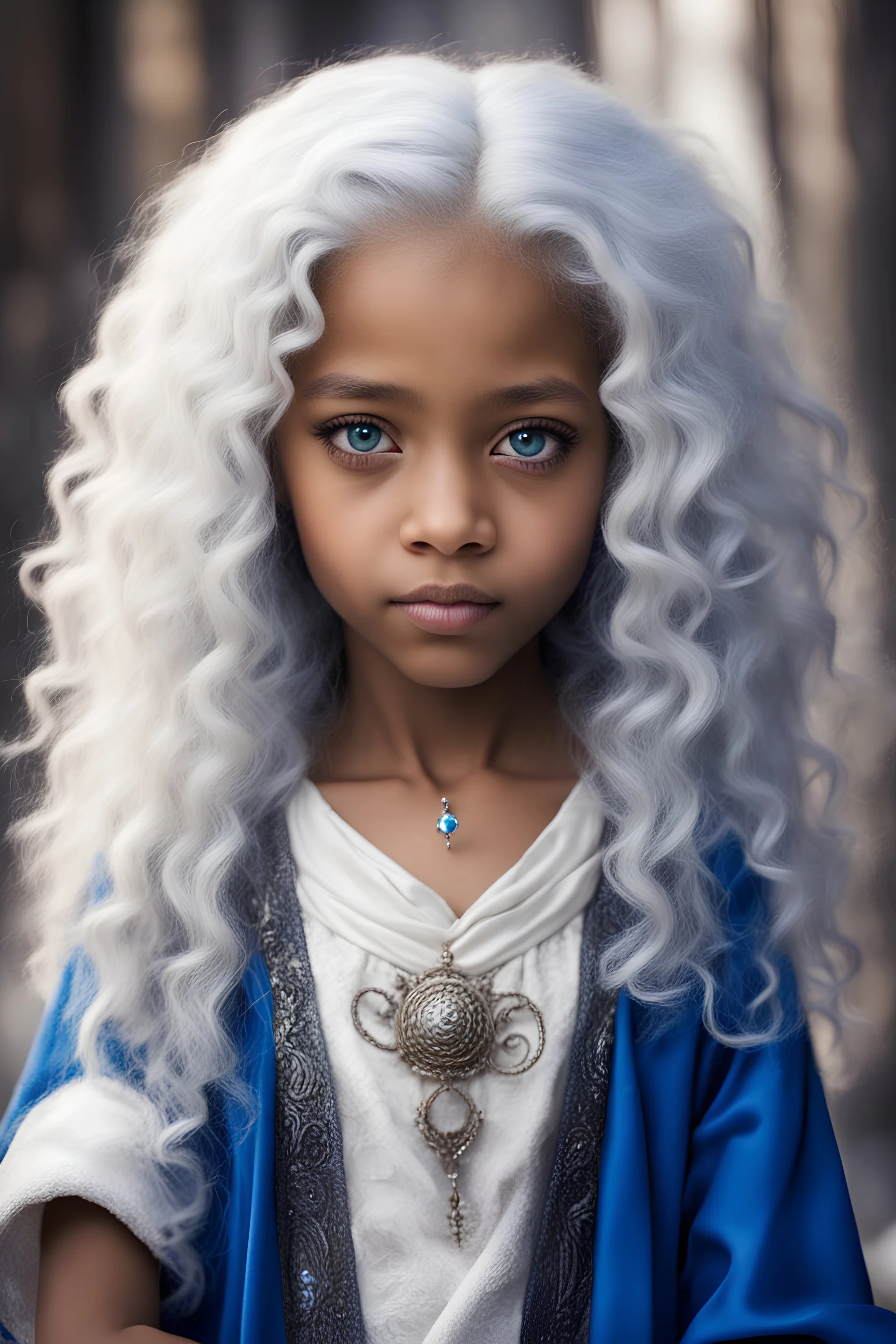 young mulatto sorceress, nine years old, blue eyes, snow-white wavy hair