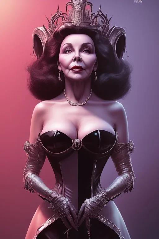 Joan Collins as evil queen in black leather, leather, busty, cleavage, angry, stern look. character design by cory loftis, fenghua zhong, ryohei hase, ismail inceoglu and ruan jia. unreal engine 5, artistic lighting, highly detailed, photorealistic, fantasy