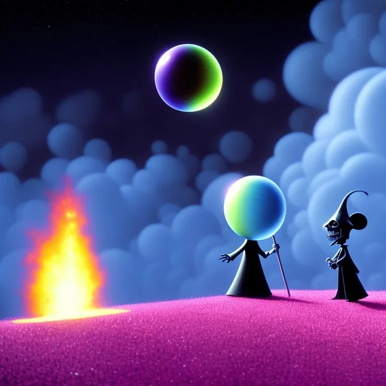 The mouse and the grim reaper discussing the future of the universe on bubble world, art by Pixar and Magritte