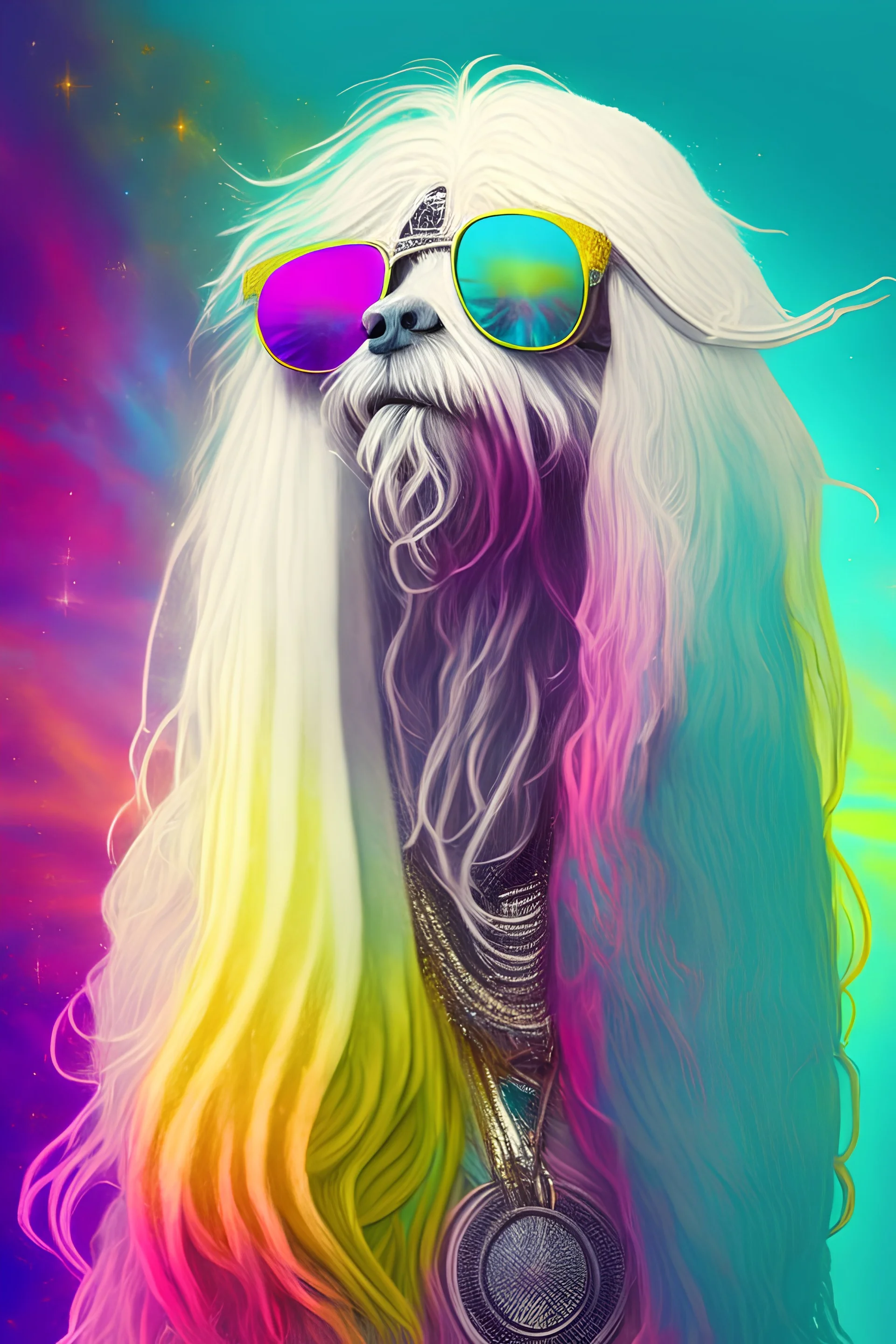 falkor hippie cosmic with long hair and sunglasses of color