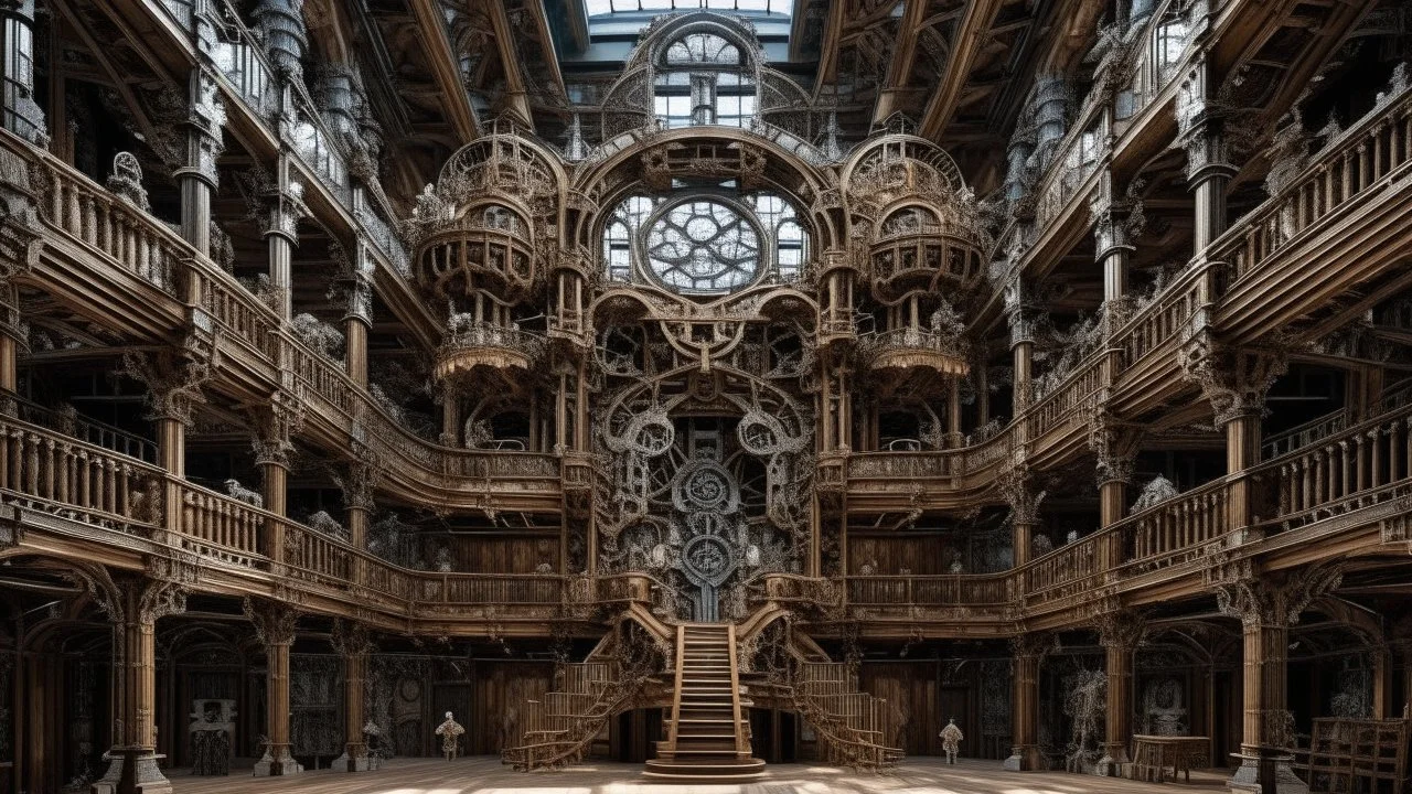 Un enorme teatro anatómico suspendido sobre un paisaje industrial, construido con madera tallada, metal envejecido y superficies que parecen porcelana. En el centro, una figura humana adulta de aspecto escultórico observa una maquinaria imposible formada por engranajes, tubos, alas y estructuras orgánicas. Arquitectura fantástica, proporciones ligeramente deformadas, superficies impecablemente modeladas, estética de escultura digital surrealista, mezcla de elegancia victoriana y biomecánica, ilu