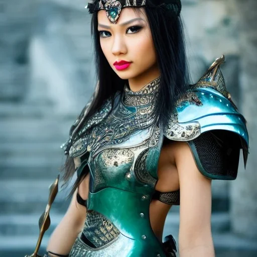 beautiful asian thai queen with black leather studded armor, delicate cyan braided hair, green glass eyes, highly detailed, 8k, ambient light, taylor swift