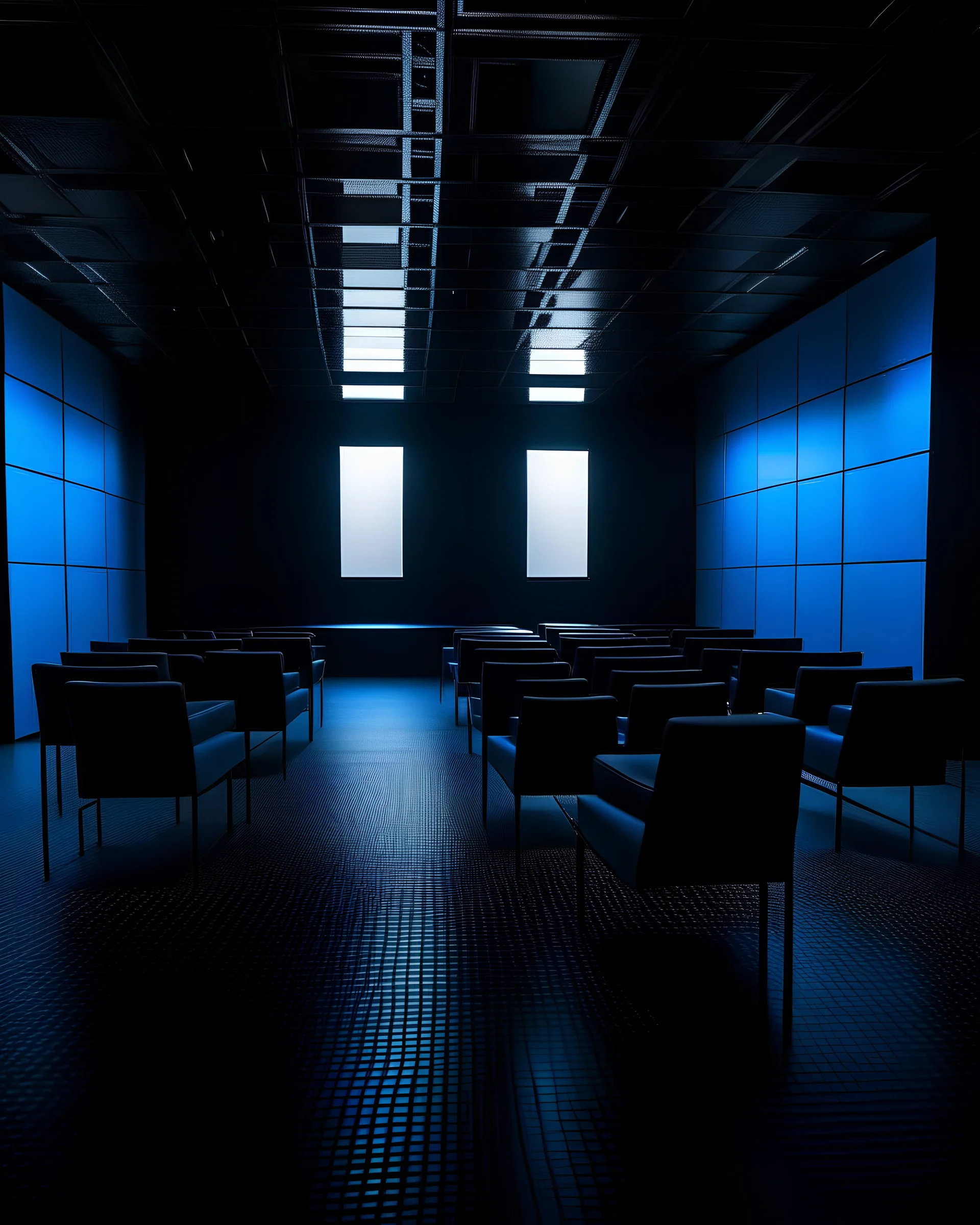 El interior de un cubo cerrado, con paredes de ladrillo negro y suelo de linóleum gris brillante. En el interior hay 42 sillas negras desordenadas por todo el espacio que está inundado de agua azul brillante. En el techo colgados hay focos de teatro que iluminan la escena. El estilo es futurista.