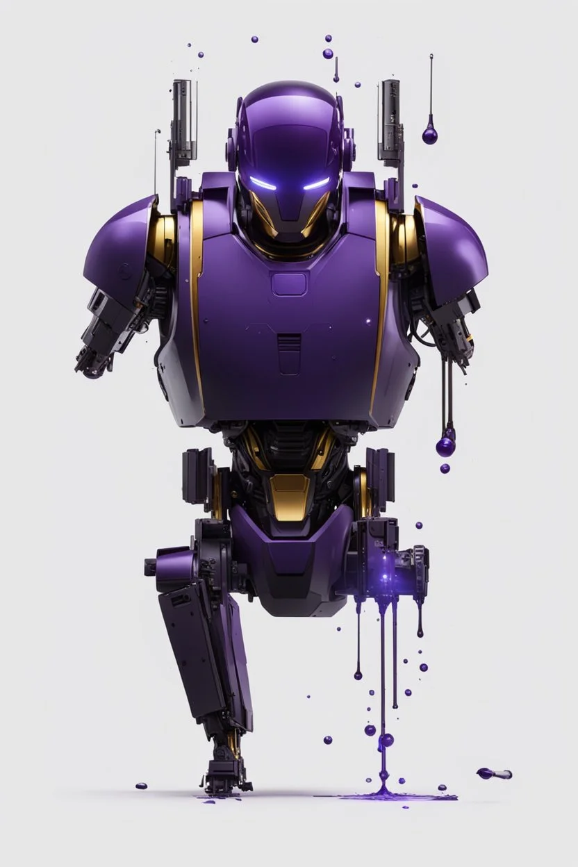 Human Like Cyborg, Royal purple and Gold, Combat Robot, Dangerous, Strong, Destroyed, Inside a Vat of Liquid