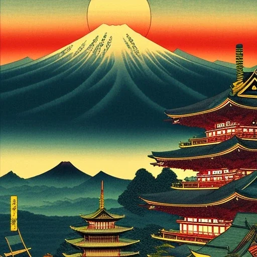 Ukiyo-e Style , mount fuji, sun set