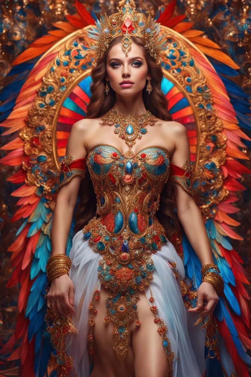 Gorgeous photography full body Beautiful super model Russian dressing Lady Angel colorful art conceptual, amazing artwork, hyper detailed, ultra maximalist quality, 12k , close-up portrait,crystal ornaments vbackground