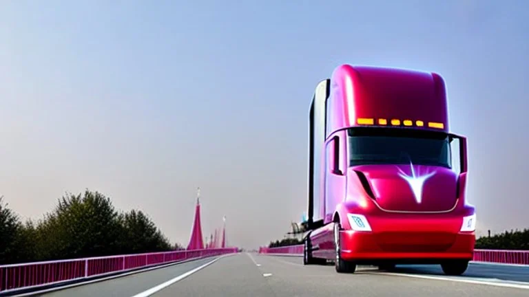 A Tesla semi-truck is racing at top speed, across the 'Everland Resort', in South Korea. CINEMATIC. WIDE ANGLE LENS.