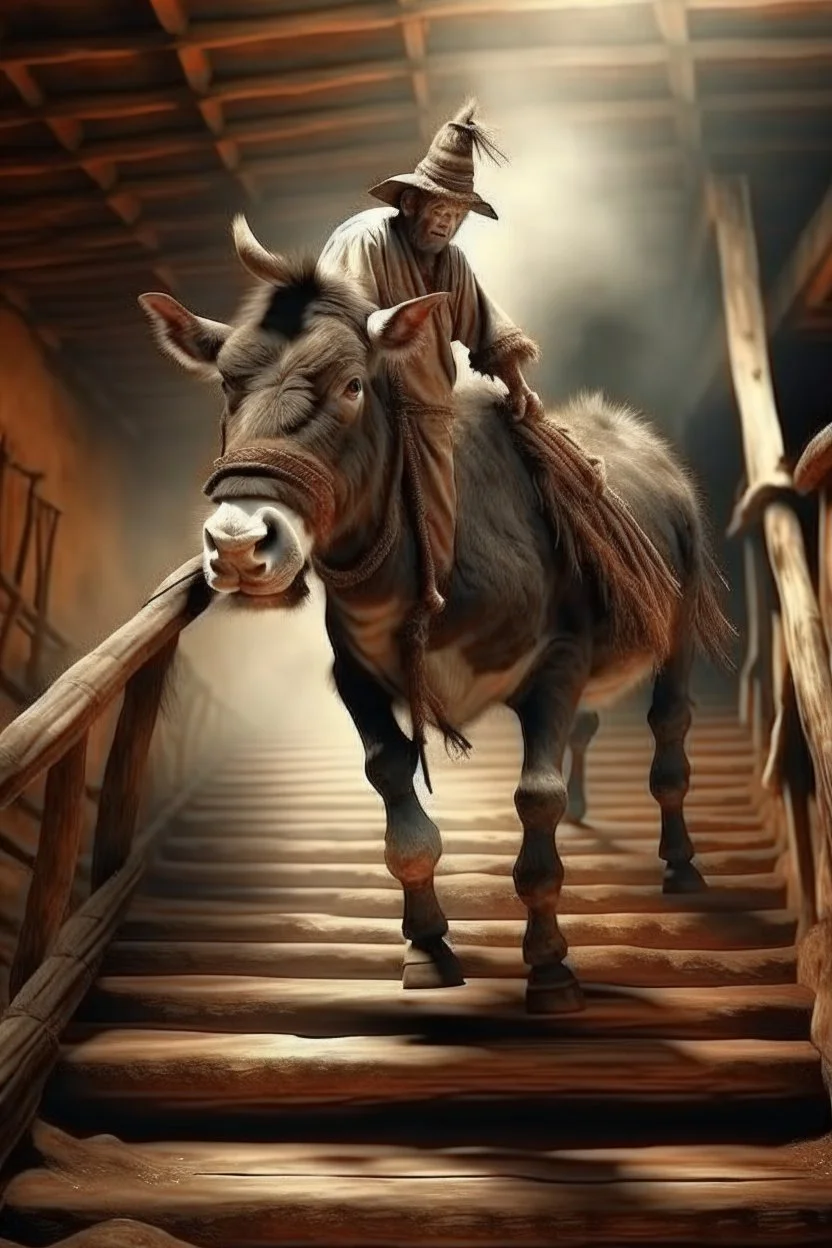 old donkey wrestler walking with a stick up the stairs to heaven, 4 k, down-light, soft light, depth of field, photo realism, trending on art station, high detail, spray paint