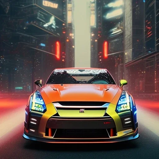 Nissan GT-R, red, orange, yellow, green, blue, purple, masterpiece, expert, 8K, hyperrealism, sharp focus, cinematic lighting, cyberpunk, cityscape