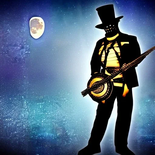 cyborg one man band, instruments, full moon background center large, steampunk style, 3d, hd