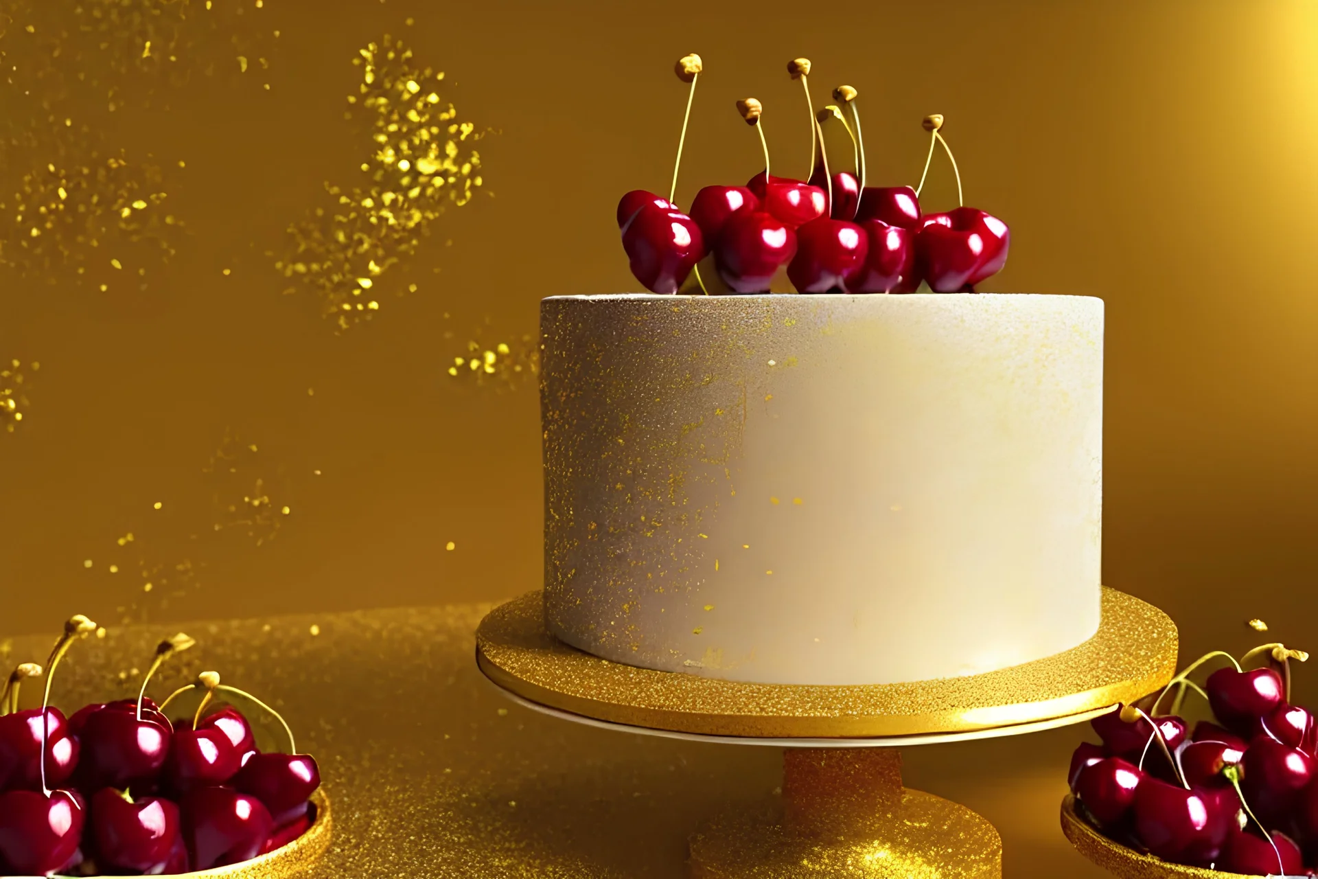 Superbe gâteau à la crème, avec des cerises autour de chaque étage, des feuilles d'or et des paillettes partout, très détaillé, très intriqué, très réaliste, hdr, 16k, octane effect, rendering 3d, unreal engine, cinema 4d, rendu 3d