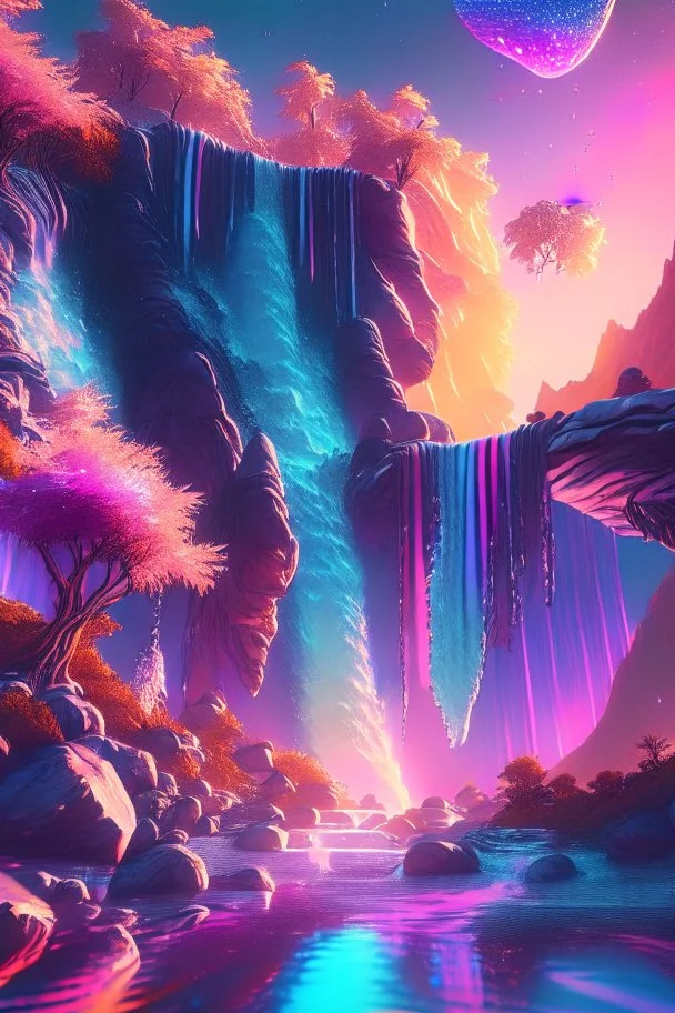 crystal cosmic and galactic ambiance hill sky waterfall sunset trees pools river surreal, full of details, smooth, bright sunshine，soft light atmosphere, light effect，vaporwave colorful, concept art, smooth, extremely sharp detail, finely tuned detail, ultra high definition, 8 k, unreal engine 5, ultra sharp focus