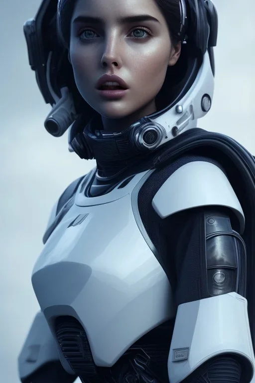 Ana de Armas, identical features, Black intergalactic pilot suit, portrait, bright white eyes, wearing high tech pilot breathing mask, beautiful face, white smoke, dark, rage, sorrow, high definition, ultra 8 k, volumetric lighting, blue fire, fog