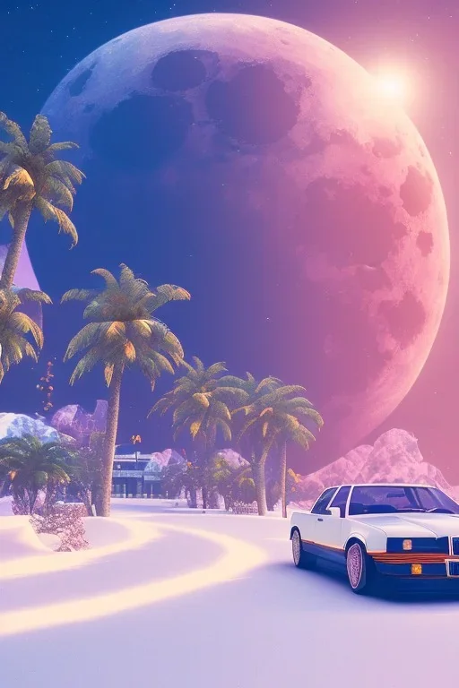 1980's aesthetic vaporwave palm trees with lighting with moon with bmw in the winter snow