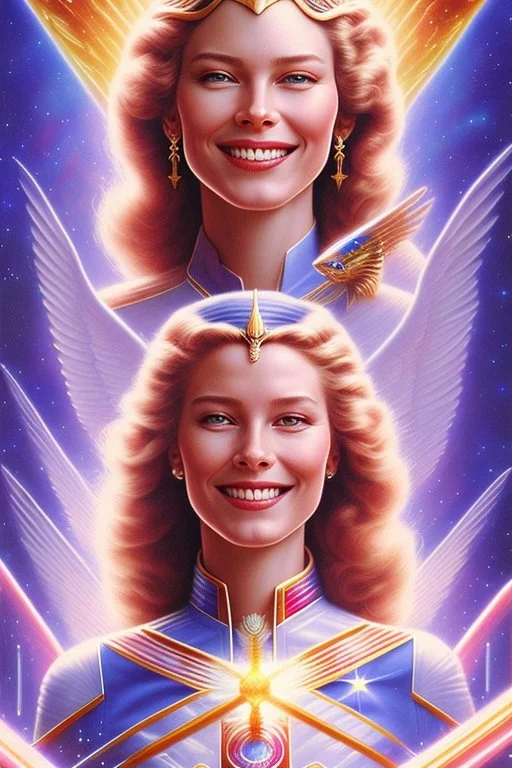 cosmic woman smile, admiral from the future, one fine whole face, crystalline skin, expressive blue eyes,rainbow, smiling lips, very nice smile, costume pleiadian, Beautiful tall woman pleiadian Galactic commander, ship, perfect datailed golden galactic suit, high rank, long hair, hand whit five perfect detailed finger, amazing big blue eyes, smilling mouth, high drfinition lips, cosmic happiness, bright colors, blue, pink, gold, jewels, realist, high commander