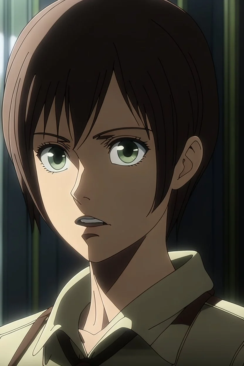 Attack on Titan screencap of a female with short back hair and black eyes.