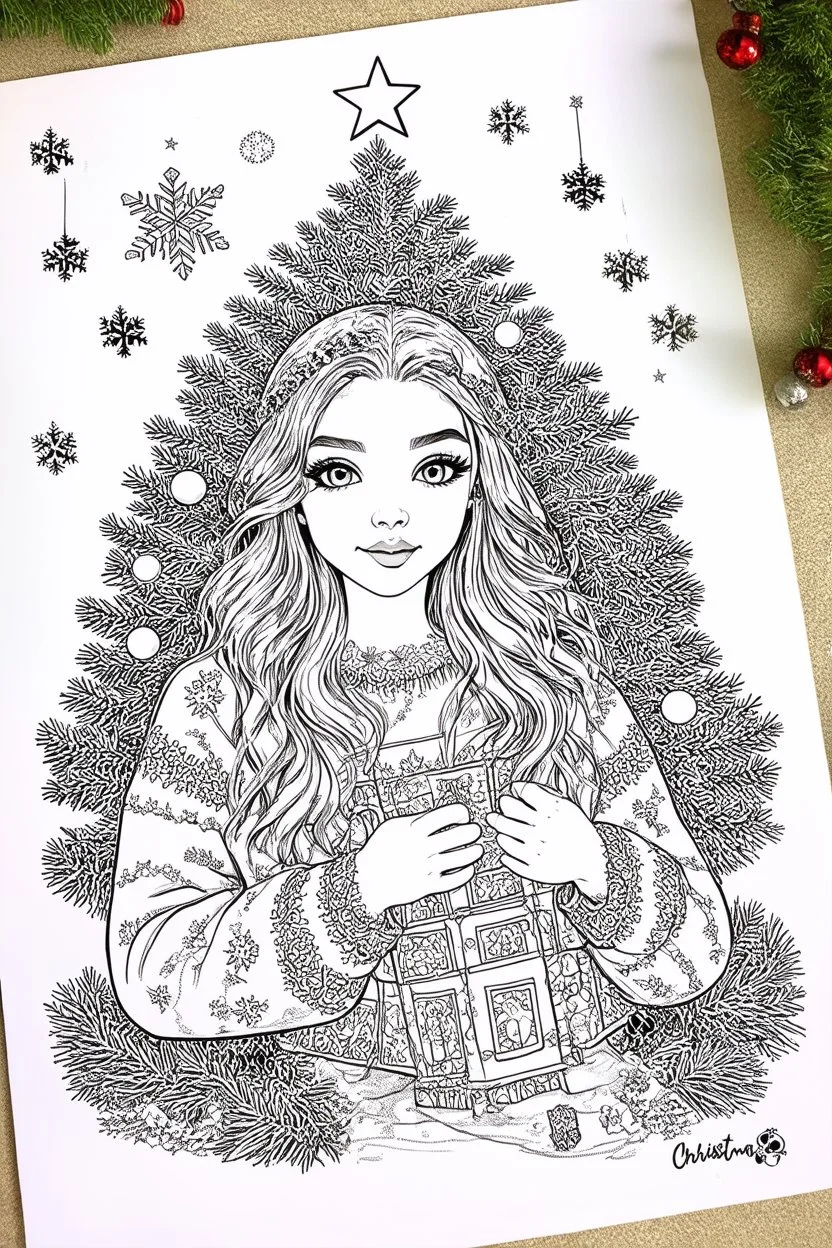 coloring page of a Christmas drawing, A4, white background, black and white, magical style, dreamy, detailed, easy drawing