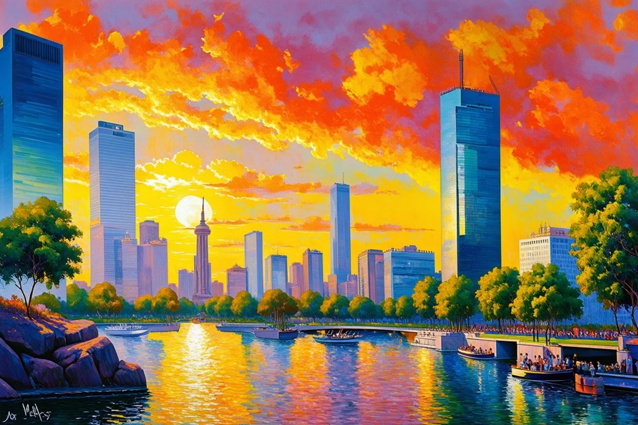 Amazing sunset, buildings, lake, rocks, city, trees, cyberpunk, sci-fi, konstantin korovin, and claude monet impressionism paintings